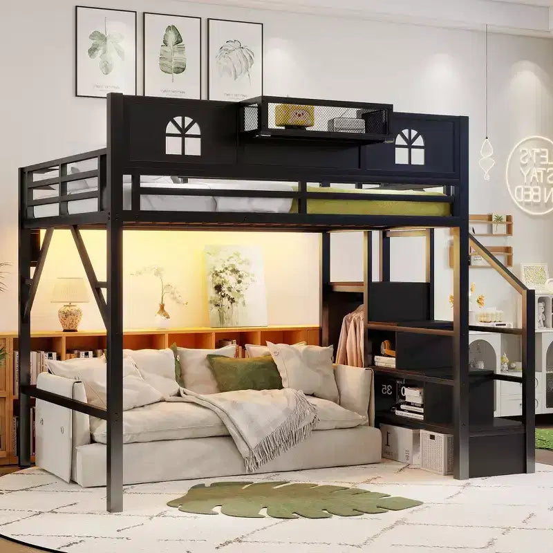 Lit mezzanine en métal pleine grandeur avec escalier, balustrades hautes en forme de maison et armoire pour enfants et adolescents