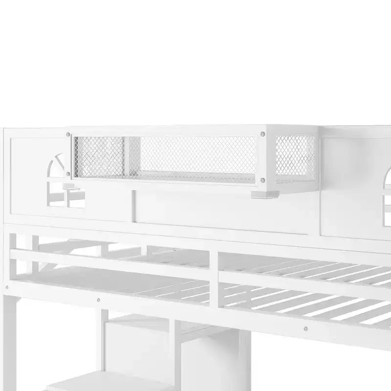 Lit mezzanine en métal pleine grandeur avec escalier, balustrades hautes en forme de maison et armoire pour enfants et adolescents