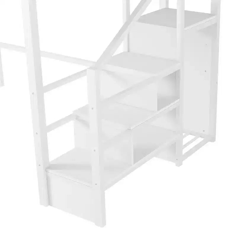 Lit mezzanine en métal pleine grandeur avec escalier, balustrades hautes en forme de maison et armoire pour enfants et adolescents