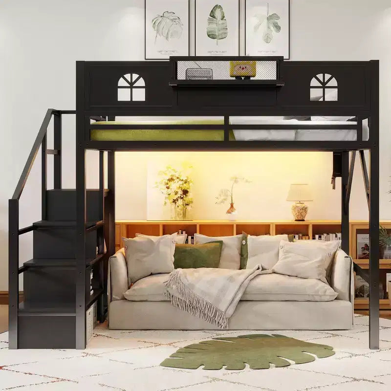 Lit mezzanine en métal pleine grandeur avec escalier, balustrades hautes en forme de maison et armoire pour enfants et adolescents