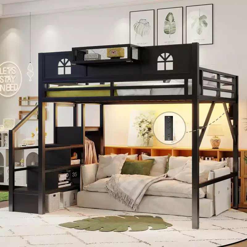 Lit mezzanine en métal pleine grandeur avec escalier, balustrades hautes en forme de maison et armoire pour enfants et adolescents