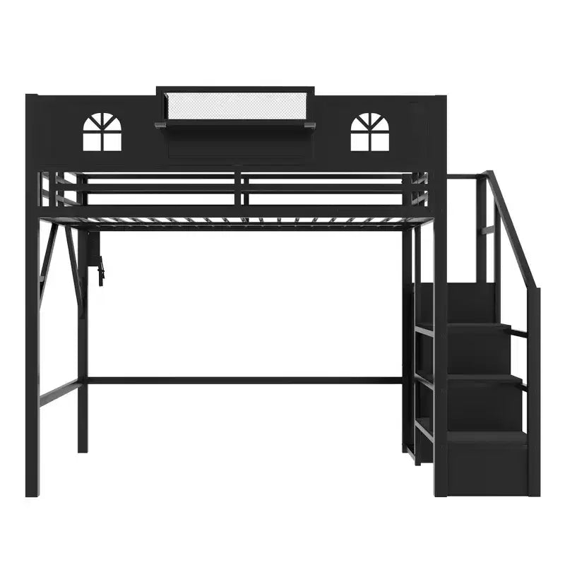 Lit mezzanine en métal pleine grandeur avec escalier, balustrades hautes en forme de maison et armoire pour enfants et adolescents