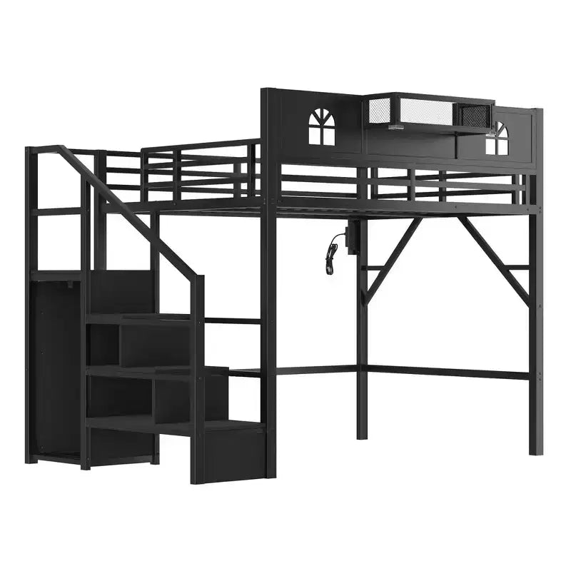 Lit mezzanine en métal pleine grandeur avec escalier, balustrades hautes en forme de maison et armoire pour enfants et adolescents