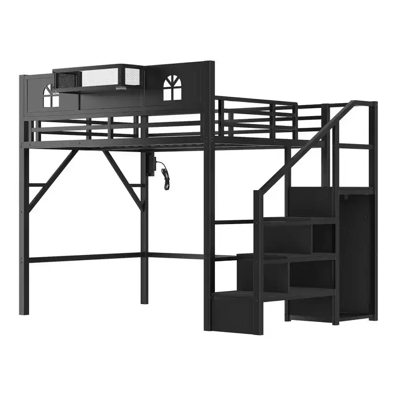 Lit mezzanine en métal pleine grandeur avec escalier, balustrades hautes en forme de maison et armoire pour enfants et adolescents