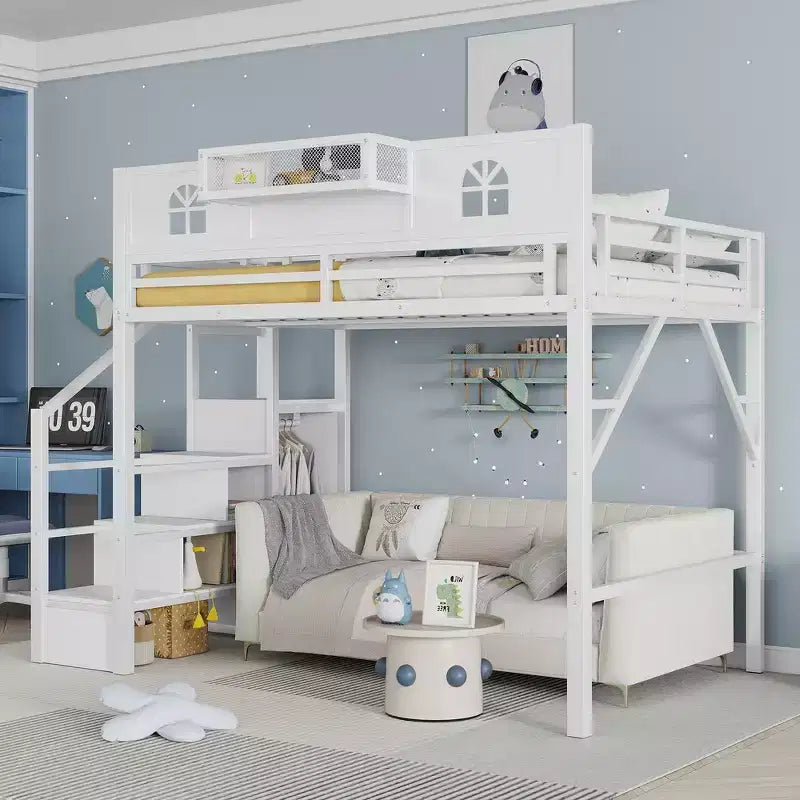 Lit mezzanine en métal pleine grandeur avec escalier, balustrades hautes en forme de maison et armoire pour enfants et adolescents