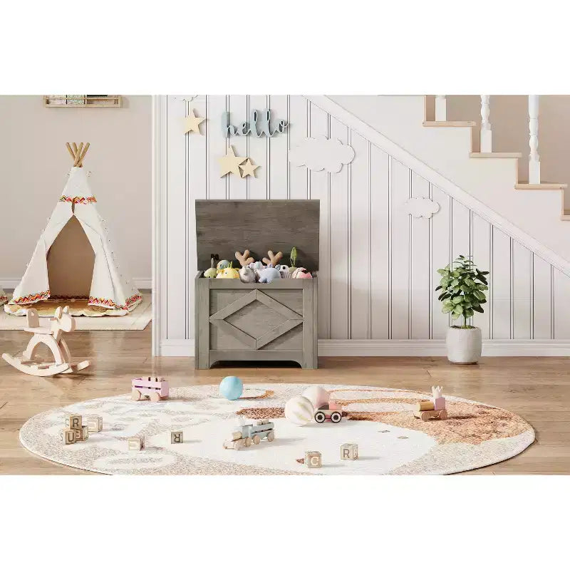 23,6 Banc de rangement en bois avec charnière de sécurité, grand coffre à jouets et coffre de rangement, organisateur facile à assembler pour entrée, salon et chambre à coucher