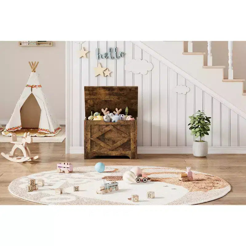23,6 Banc de rangement en bois avec charnière de sécurité, grand coffre à jouets et coffre de rangement, organisateur facile à assembler pour entrée, salon et chambre à coucher