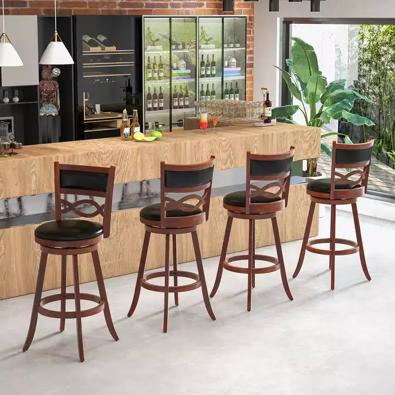 29 Bar Height Stools Set of 2 w/Rubber Wood Frame Faux Leather Upholstered Seat