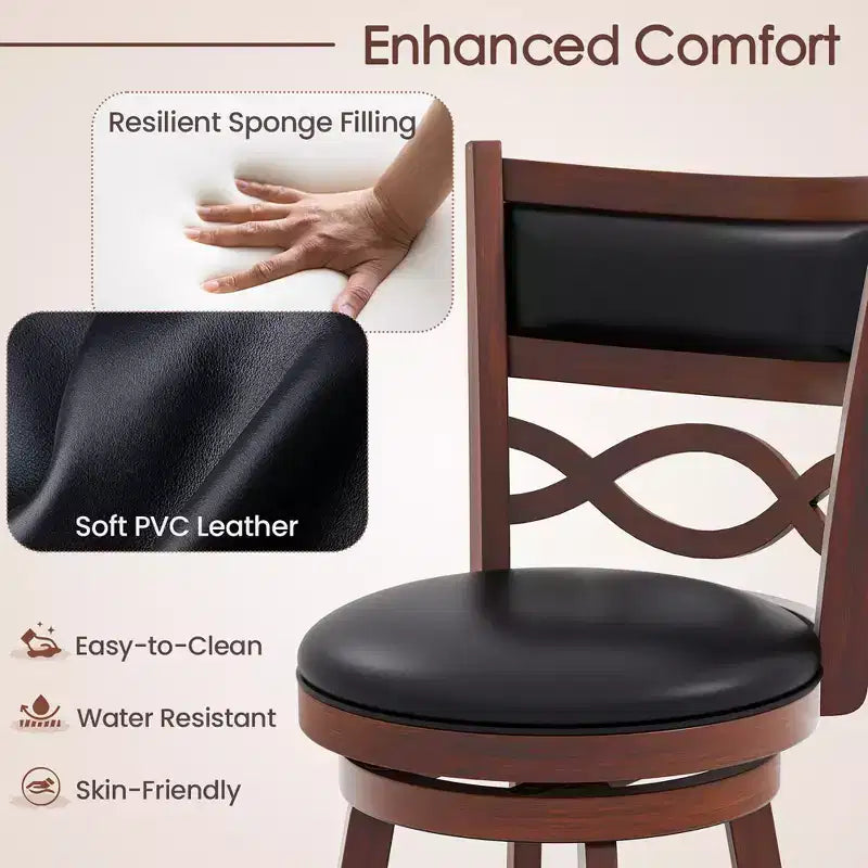 29 Bar Height Stools Set of 2 w/Rubber Wood Frame Faux Leather Upholstered Seat