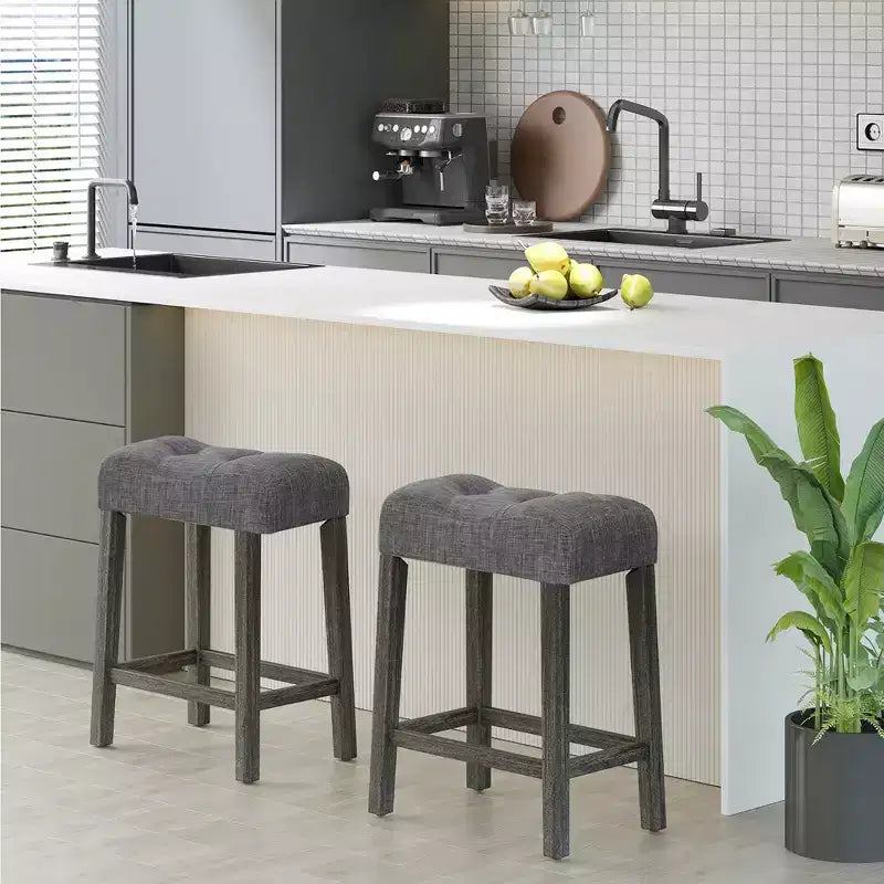 24 Saddle Bar Stools Set of 2 w/ Footrest Rubber Wood Frame for Kitchen Island