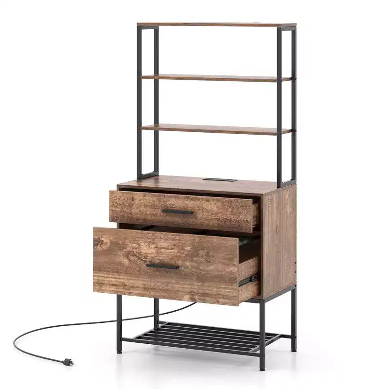 Meuble de classement avec station de charge, étagères ouvertes à 3 niveaux et grand tiroir, compatible marron rustique