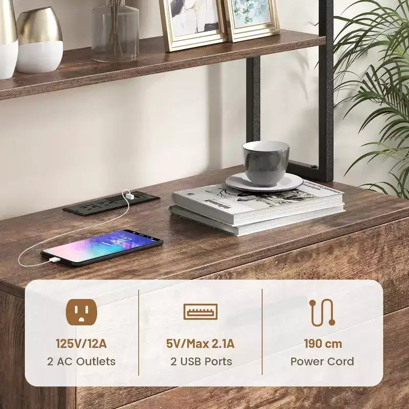 Meuble de classement avec station de charge, étagères ouvertes à 3 niveaux et grand tiroir, compatible marron rustique