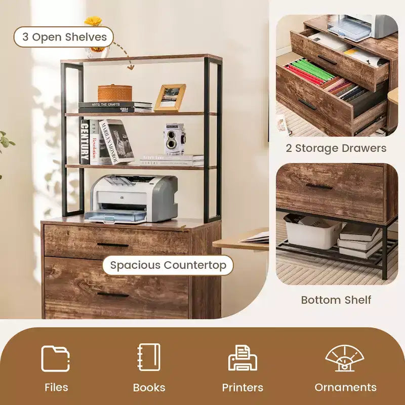 Meuble de classement avec station de charge, étagères ouvertes à 3 niveaux et grand tiroir, compatible marron rustique