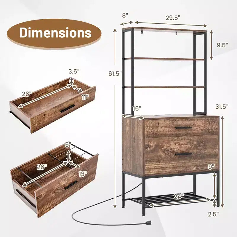 Meuble de classement avec station de charge, étagères ouvertes à 3 niveaux et grand tiroir, compatible marron rustique