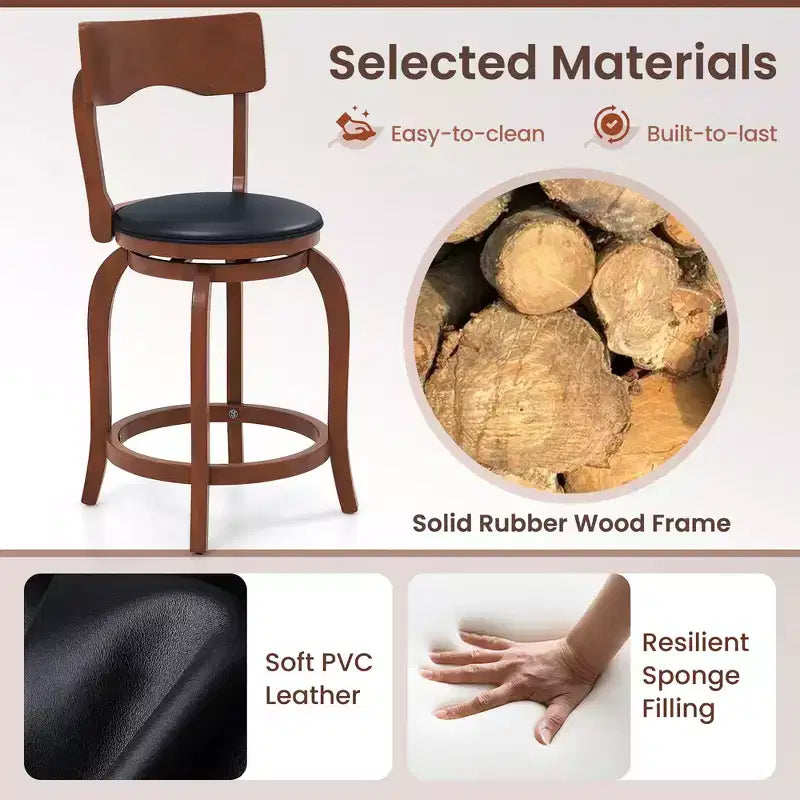 24 Swivel Bar Stools Set of 4 w/ Rubber Wood Frame Upholstered Seat Footrest