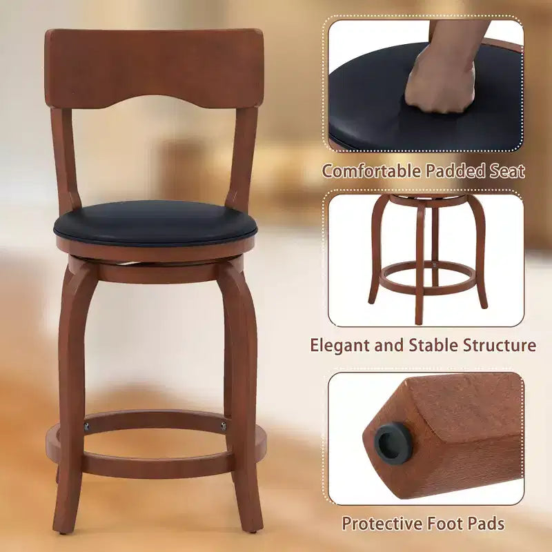 Lot de 4 tabourets de bar pivotants 24 po avec cadre en bois d'hévéa, siège rembourré et repose-pieds