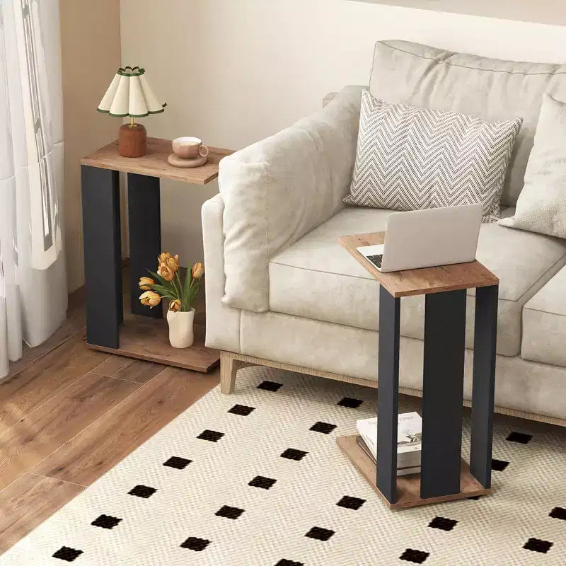 Table d'appoint en C à 2 niveaux avec roulettes universelles et étagère pour petits espaces - Lot de 2