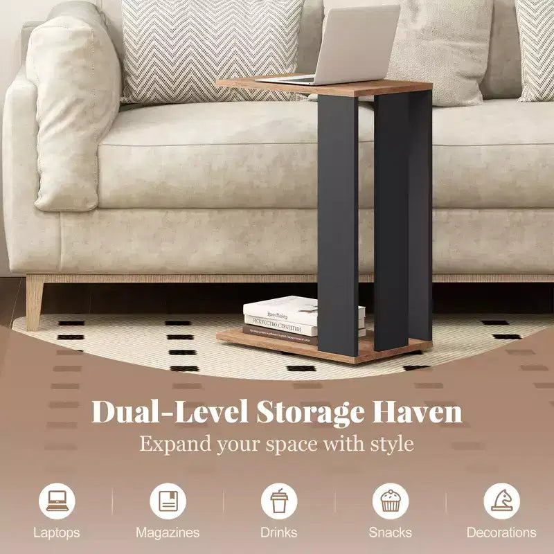 Table d'appoint en C à 2 niveaux avec roulettes universelles et étagère pour petits espaces - Lot de 2