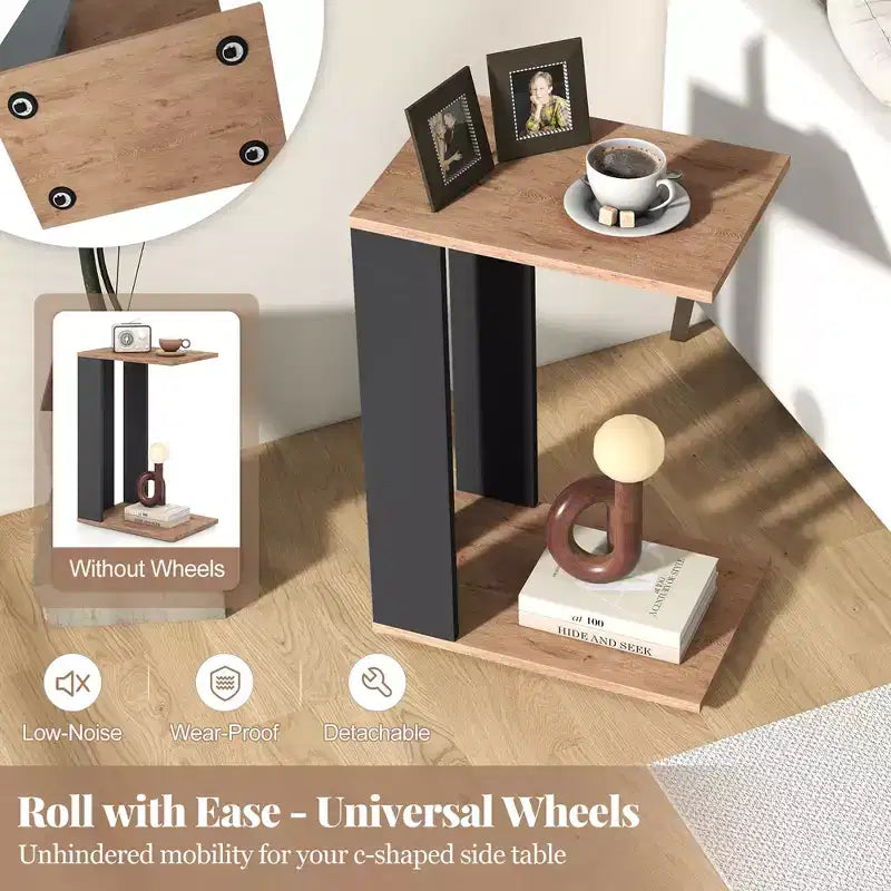 Table d'appoint en C à 2 niveaux avec roulettes universelles et étagère pour petits espaces - Lot de 2