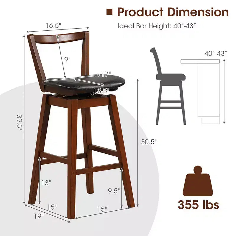 Tabourets de bar pivotants hauteur bar, lot de 4, 77,5 cm, rembourrés en cuir PU, pour cuisine