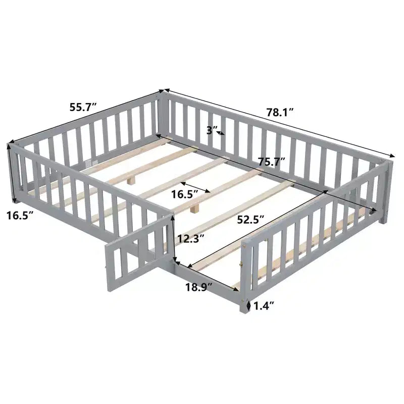 Lit au sol pleine grandeur pour tout-petits avec lattes de support et porte, lit Montessori moderne avec barrières pour chambre à coucher