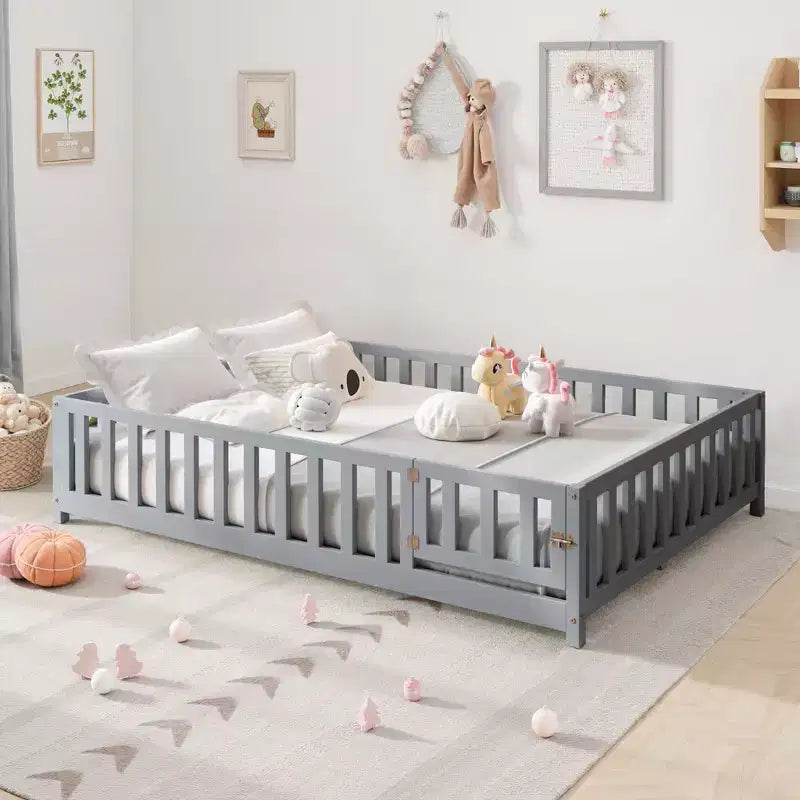 Lit au sol pleine grandeur pour tout-petits avec lattes de support et porte, lit Montessori moderne avec barrières pour chambre à coucher