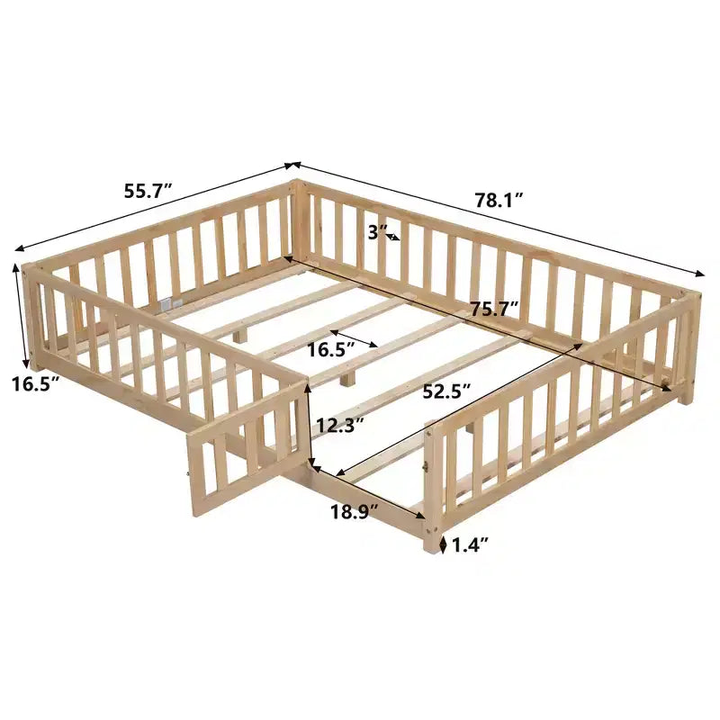 Lit au sol pleine grandeur pour tout-petits avec lattes de support et porte, lit Montessori moderne avec barrières pour chambre à coucher