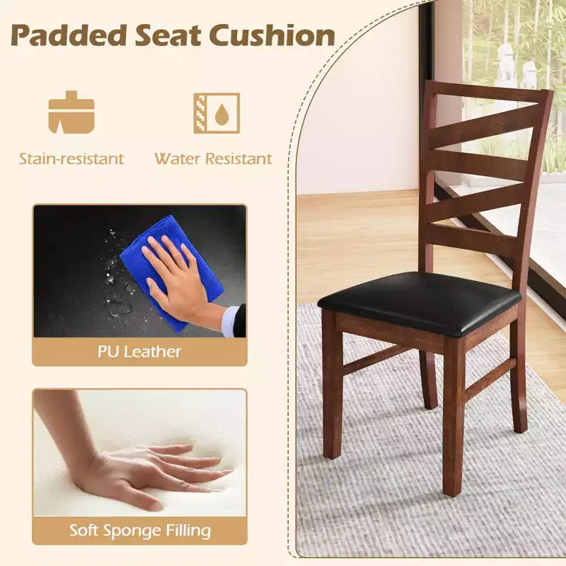 Lot de 2 chaises de salle à manger sans accoudoirs, pieds en bois d'hévéa, assise rembourrée en similicuir