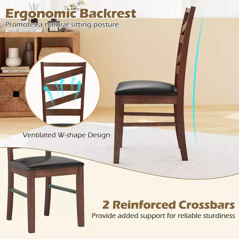 Lot de 2 chaises de salle à manger sans accoudoirs, pieds en bois d'hévéa, assise rembourrée en similicuir