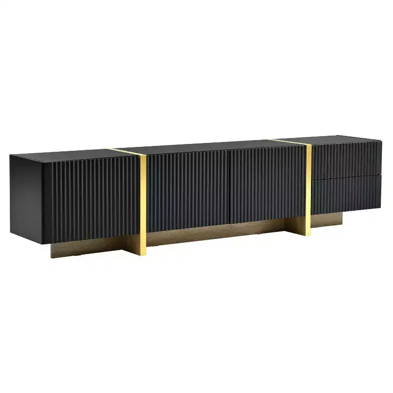 Meuble TV cannelé pour téléviseur de 80 pouces avec tiroirs de rangement, Meuble TV en bois, Meuble console média pour centre de divertissement avec pieds en bois doré