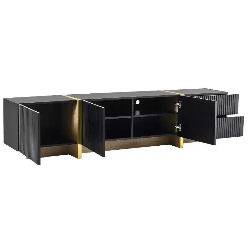 Meuble TV cannelé pour téléviseur de 80 pouces avec tiroirs de rangement, Meuble TV en bois, Meuble console média pour centre de divertissement avec pieds en bois doré