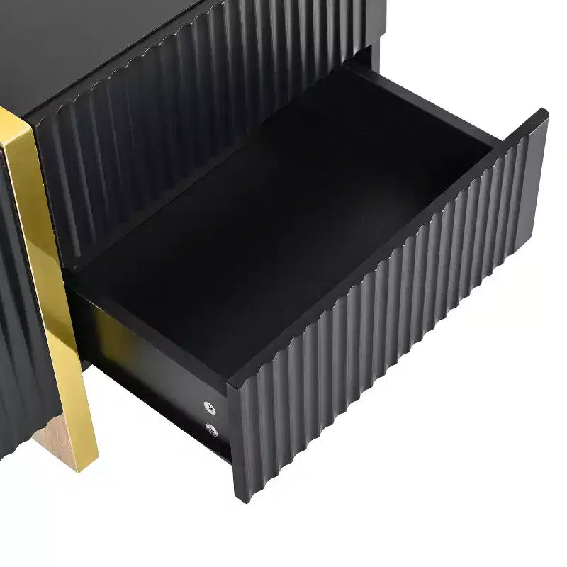 Meuble TV cannelé pour téléviseur de 80 pouces avec tiroirs de rangement, Meuble TV en bois, Meuble console média pour centre de divertissement avec pieds en bois doré