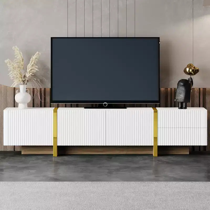 Meuble TV cannelé pour téléviseur de 80 pouces avec tiroirs de rangement, Meuble TV en bois, Meuble console média pour centre de divertissement avec pieds en bois doré