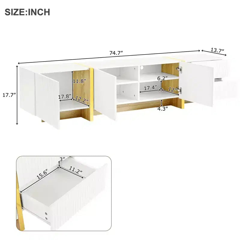 Meuble TV cannelé pour téléviseur de 80 pouces avec tiroirs de rangement, Meuble TV en bois, Meuble console média pour centre de divertissement avec pieds en bois doré