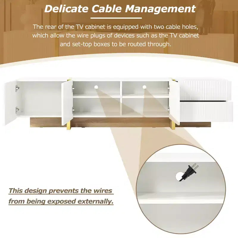 Meuble TV cannelé pour téléviseur de 80 pouces avec tiroirs de rangement, Meuble TV en bois, Meuble console média pour centre de divertissement avec pieds en bois doré