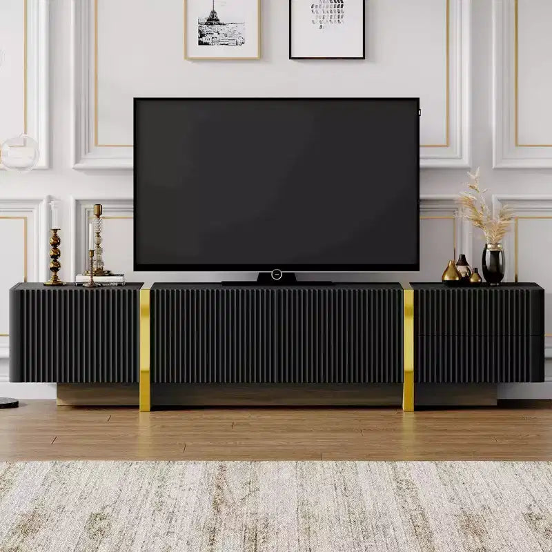 Meuble TV cannelé pour téléviseur de 80 pouces avec tiroirs de rangement, Meuble TV en bois, Meuble console média pour centre de divertissement avec pieds en bois doré