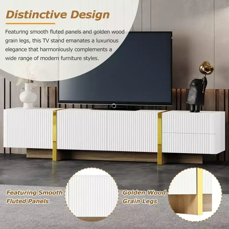 Meuble TV cannelé pour téléviseur de 80 pouces avec tiroirs de rangement, Meuble TV en bois, Meuble console média pour centre de divertissement avec pieds en bois doré