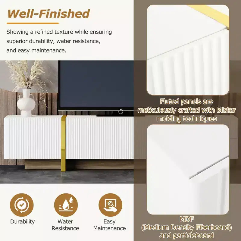Meuble TV cannelé pour téléviseur de 80 pouces avec tiroirs de rangement, Meuble TV en bois, Meuble console média pour centre de divertissement avec pieds en bois doré