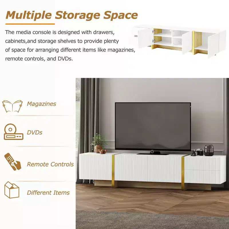 Meuble TV cannelé pour téléviseur de 80 pouces avec tiroirs de rangement, Meuble TV en bois, Meuble console média pour centre de divertissement avec pieds en bois doré