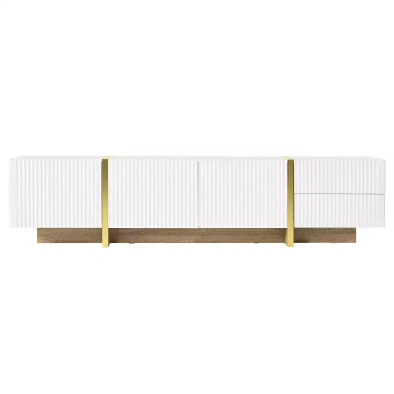 Meuble TV cannelé pour téléviseur de 80 pouces avec tiroirs de rangement, Meuble TV en bois, Meuble console média pour centre de divertissement avec pieds en bois doré