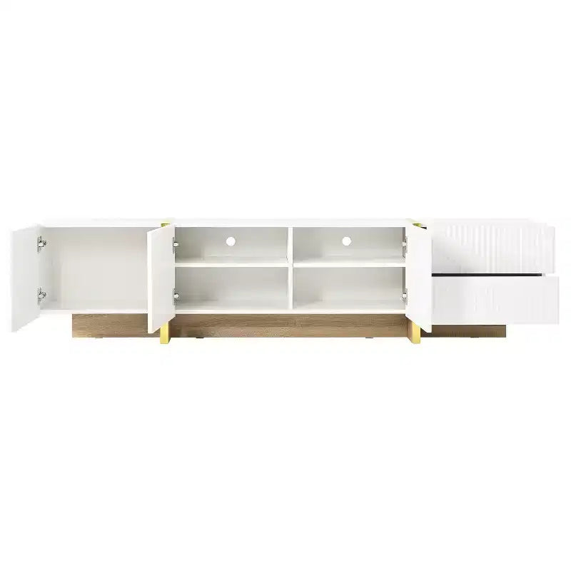 Meuble TV cannelé pour téléviseur de 80 pouces avec tiroirs de rangement, Meuble TV en bois, Meuble console média pour centre de divertissement avec pieds en bois doré