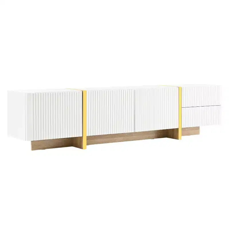 Meuble TV cannelé pour téléviseur de 80 pouces avec tiroirs de rangement, Meuble TV en bois, Meuble console média pour centre de divertissement avec pieds en bois doré