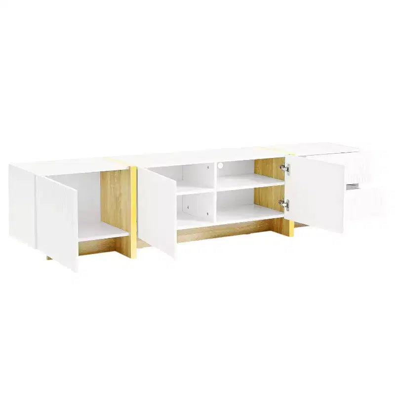Meuble TV cannelé pour téléviseur de 80 pouces avec tiroirs de rangement, Meuble TV en bois, Meuble console média pour centre de divertissement avec pieds en bois doré