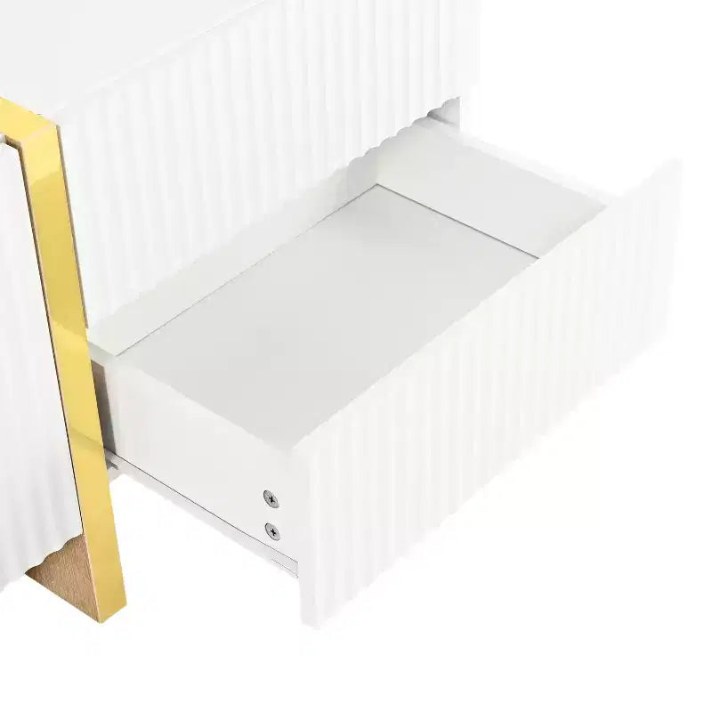 Meuble TV cannelé pour téléviseur de 80 pouces avec tiroirs de rangement, Meuble TV en bois, Meuble console média pour centre de divertissement avec pieds en bois doré