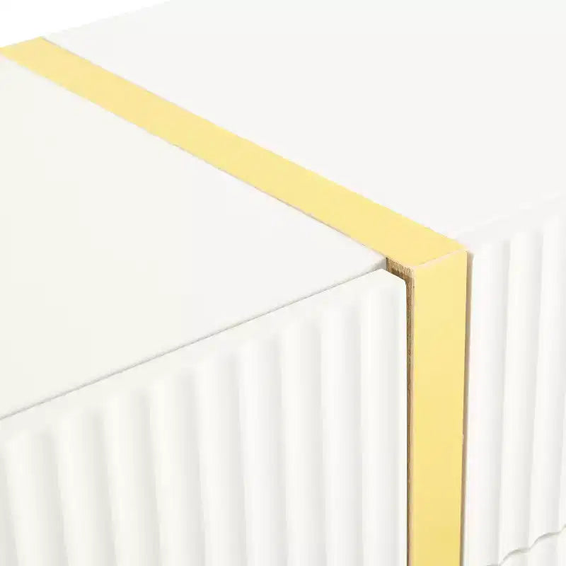 Meuble TV cannelé pour téléviseur de 80 pouces avec tiroirs de rangement, Meuble TV en bois, Meuble console média pour centre de divertissement avec pieds en bois doré