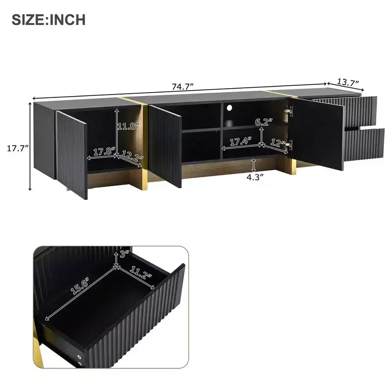 Meuble TV cannelé pour téléviseur de 80 pouces avec tiroirs de rangement, Meuble TV en bois, Meuble console média pour centre de divertissement avec pieds en bois doré