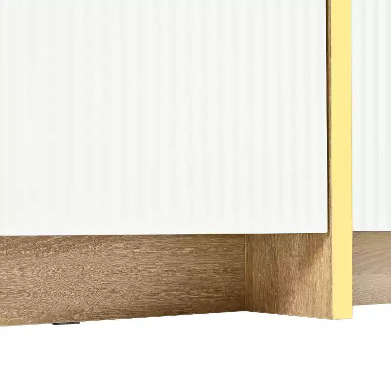 Meuble TV cannelé pour téléviseur de 80 pouces avec tiroirs de rangement, Meuble TV en bois, Meuble console média pour centre de divertissement avec pieds en bois doré