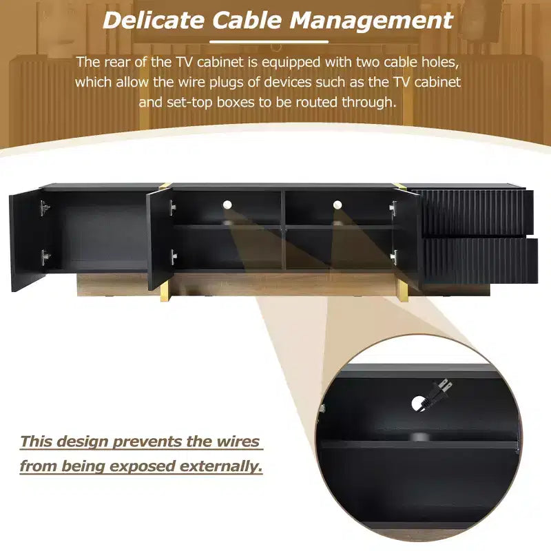 Meuble TV cannelé pour téléviseur de 80 pouces avec tiroirs de rangement, Meuble TV en bois, Meuble console média pour centre de divertissement avec pieds en bois doré