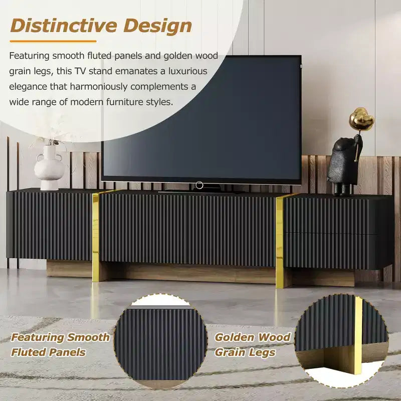 Meuble TV cannelé pour téléviseur de 80 pouces avec tiroirs de rangement, Meuble TV en bois, Meuble console média pour centre de divertissement avec pieds en bois doré
