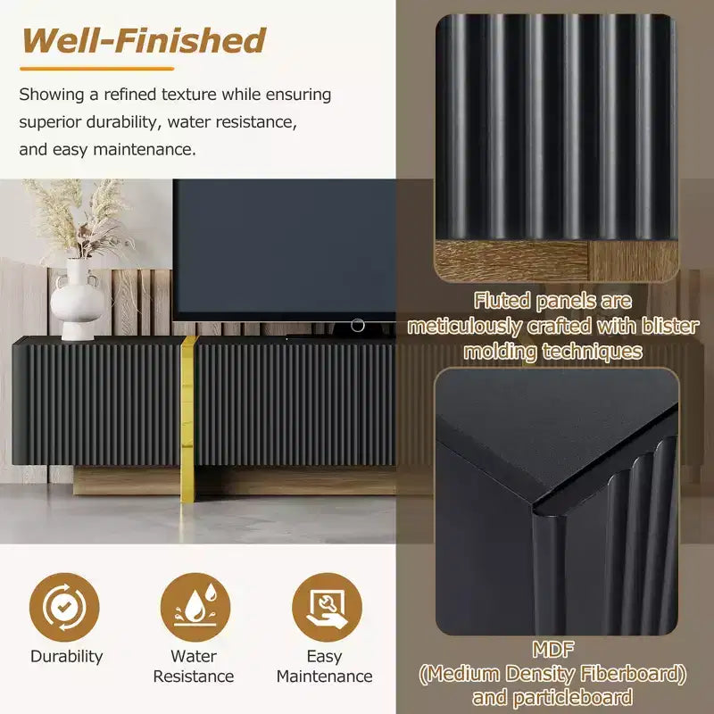 Meuble TV cannelé pour téléviseur de 80 pouces avec tiroirs de rangement, Meuble TV en bois, Meuble console média pour centre de divertissement avec pieds en bois doré